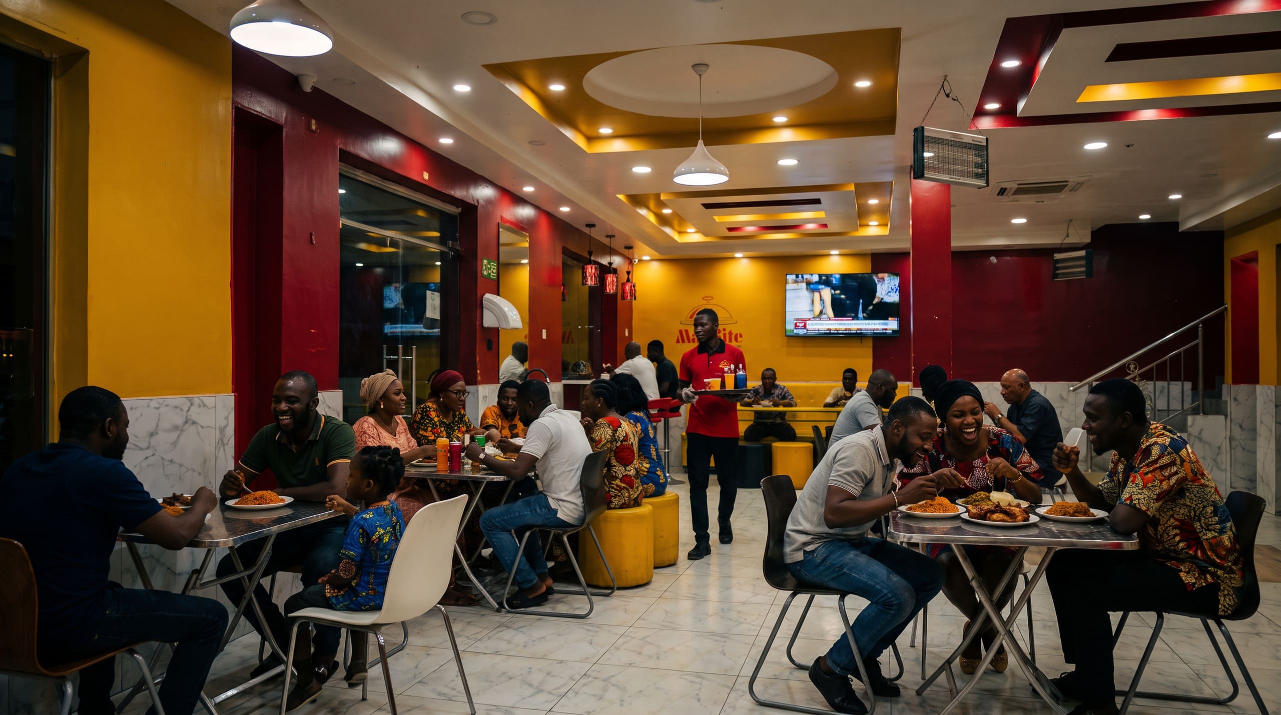The MacBite dining room in Ibadan, full of guests eating jollof rice and chicken
